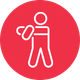 A small red circle with a stick figure stretching their arm